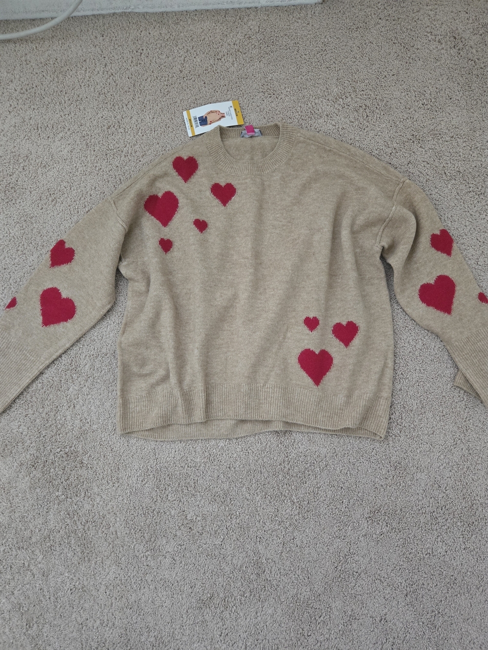 Women’s Beige Sweater with Pink Heart Accents
